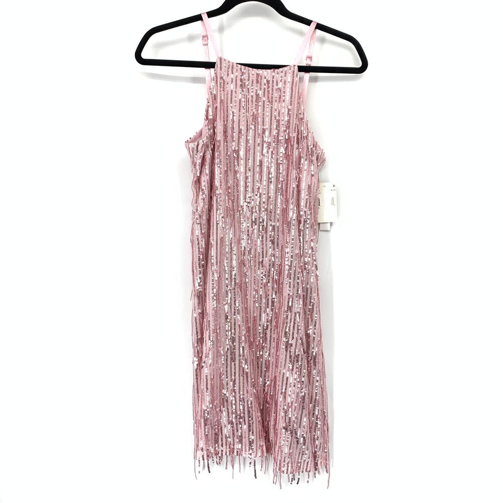 Xtraordinary Halter Neck Mini Dress Womens Sz Medium Sequin Fringe Pink NEW